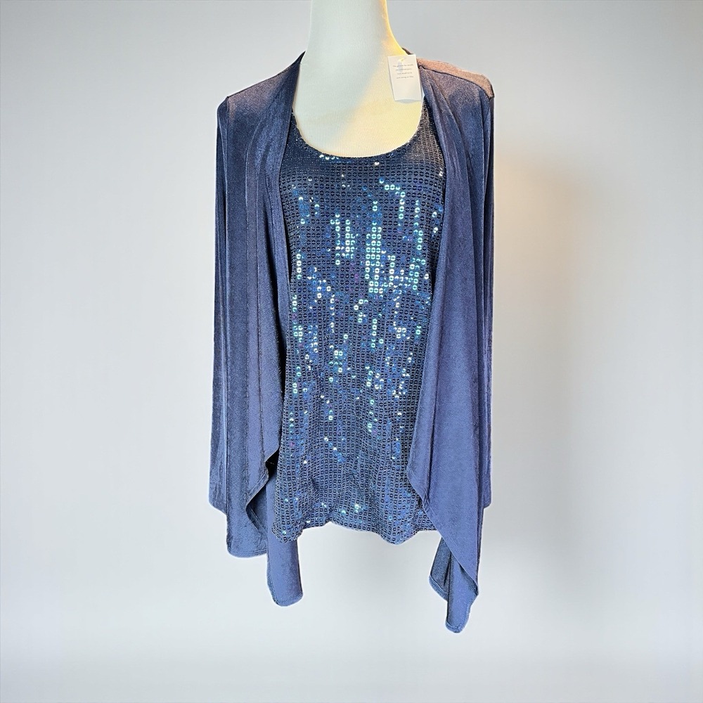 Colleen Lopez Sequined Twofer Top w/Front Cascade Panels Navy Blue Size XL‎ NWT